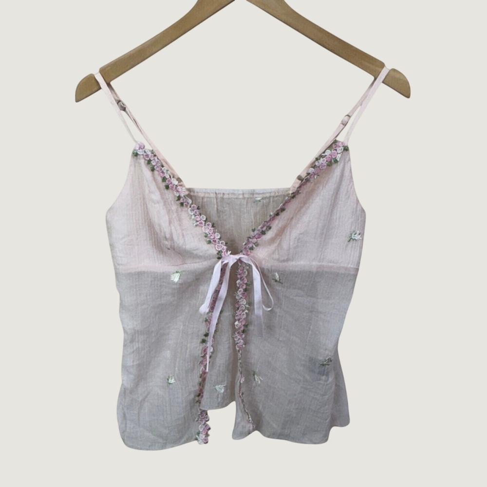 Shein Camisole S Pink Floral Embroidered Tie Front Cottagecore Fairycore Top